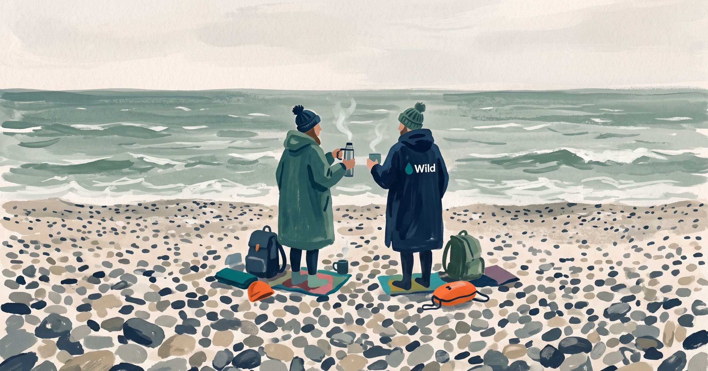 Illustration of two swimmers in changing robes and woolly hats sharing hot drinks on a pebble beach after a cold-water swim