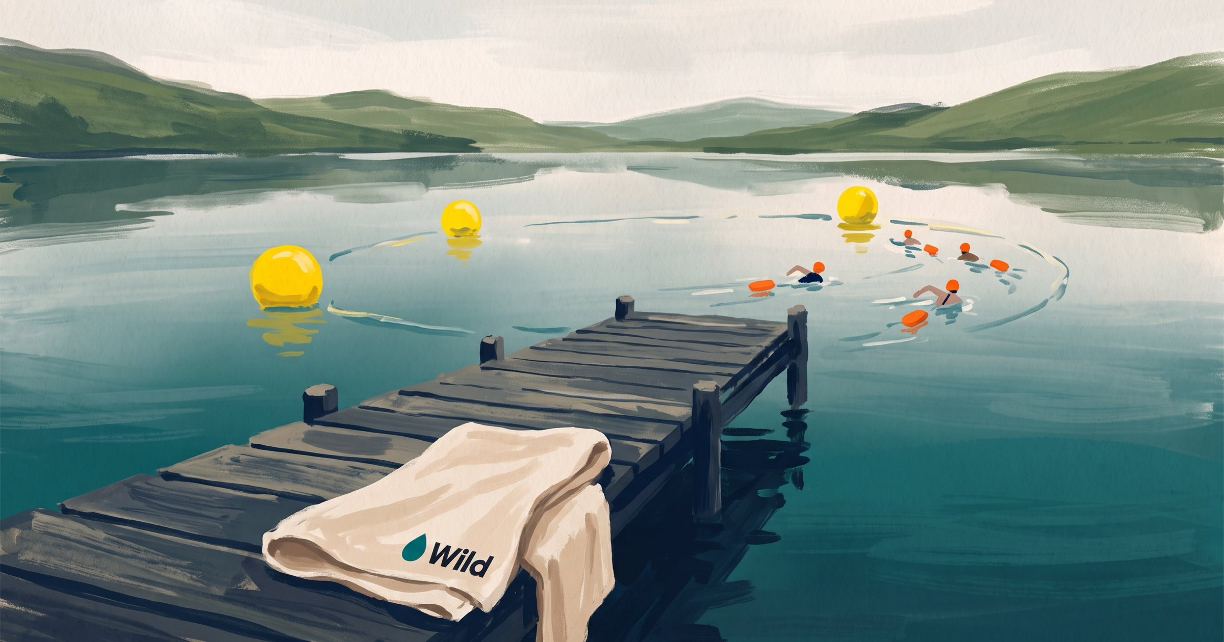 Illustration of four lake swimmers in orange caps rounding a yellow buoy course from a wooden jetty, hills behind