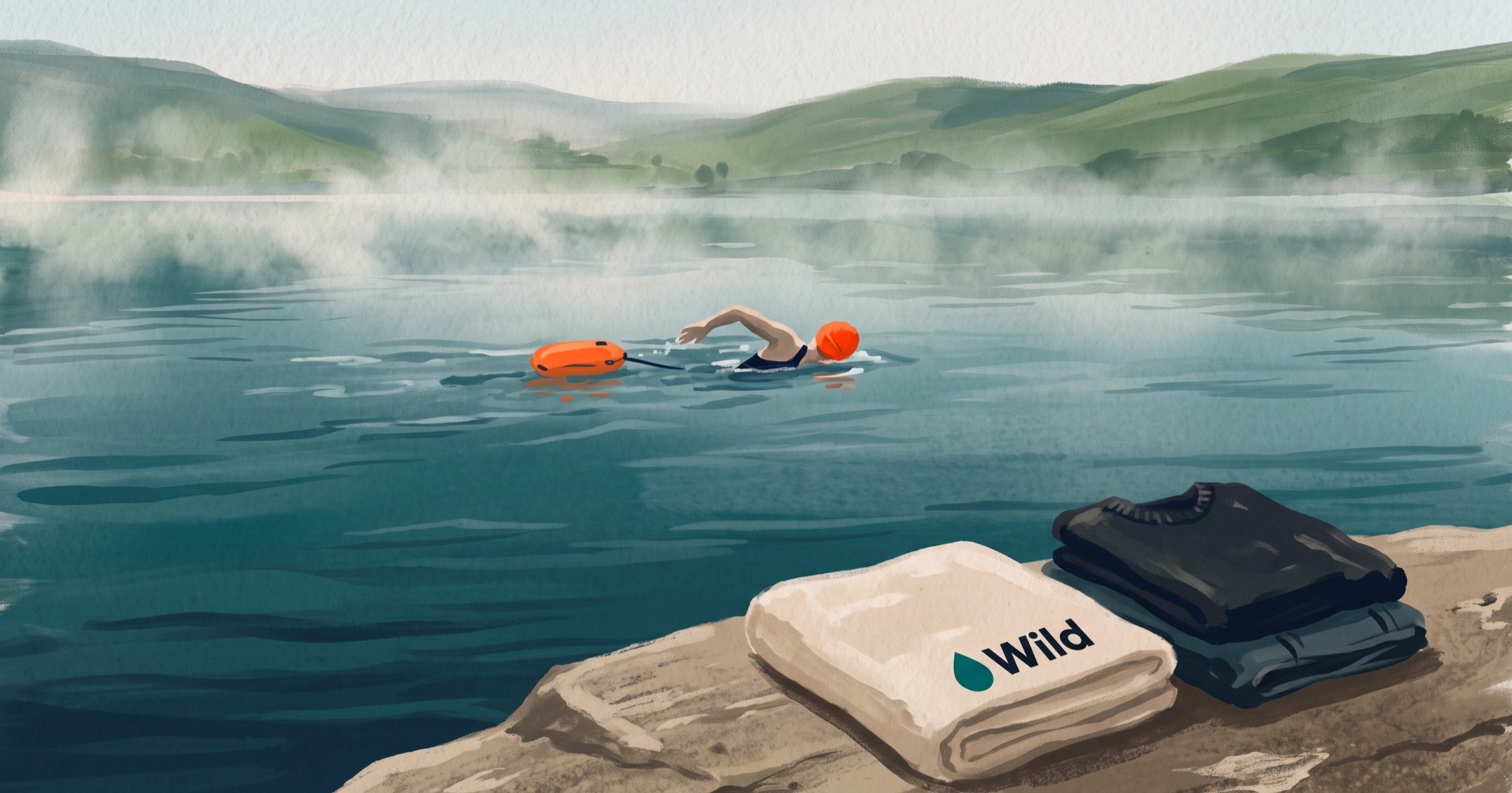 Illustration of a wild swimmer in an orange cap towing a tow float across a misty lake at dawn, a towel folded on a rock in the foreground