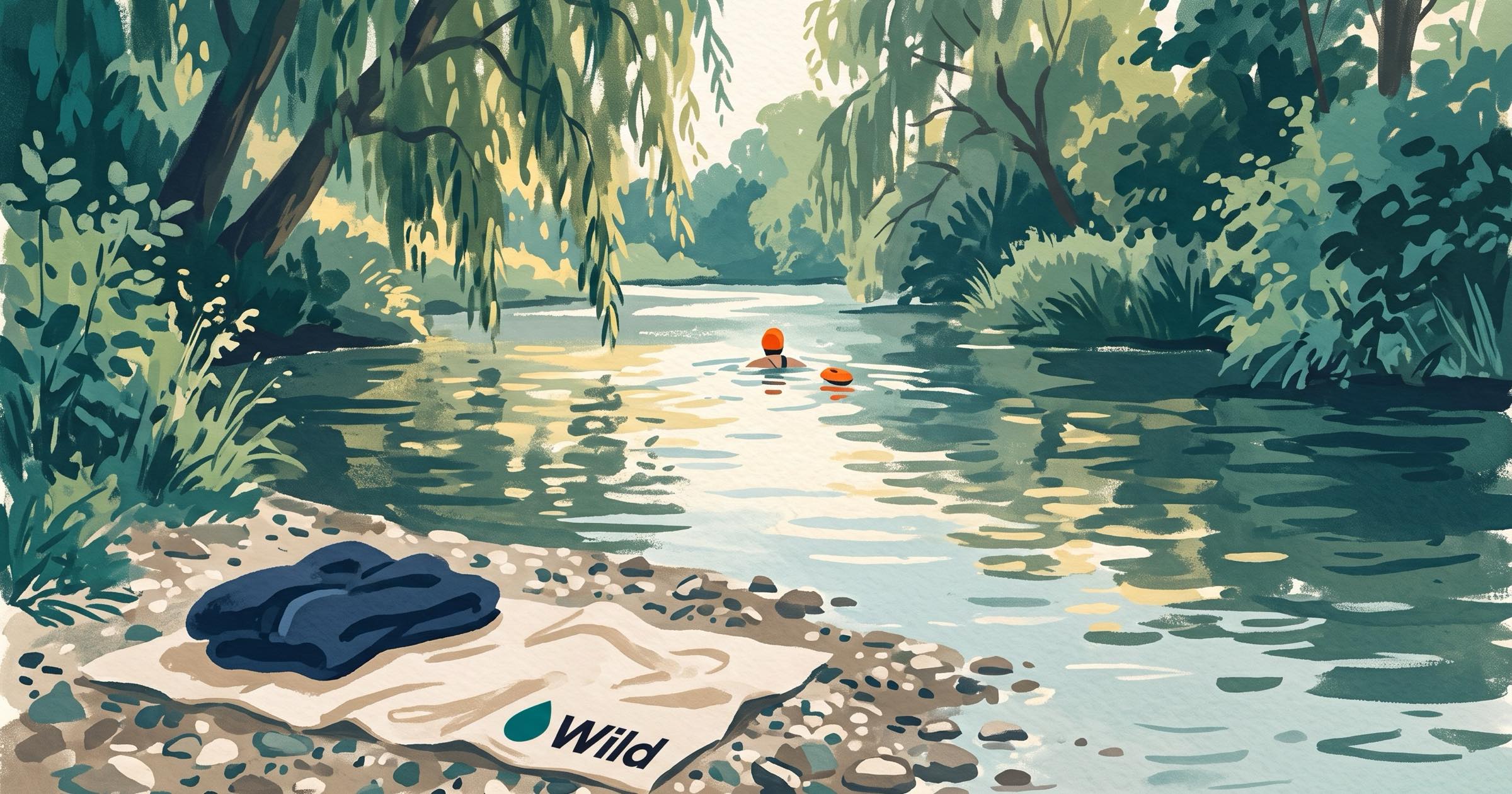 Illustration of a river swimmer in an orange cap swimming upstream under willows on a summer evening, a towel on the shingle bank