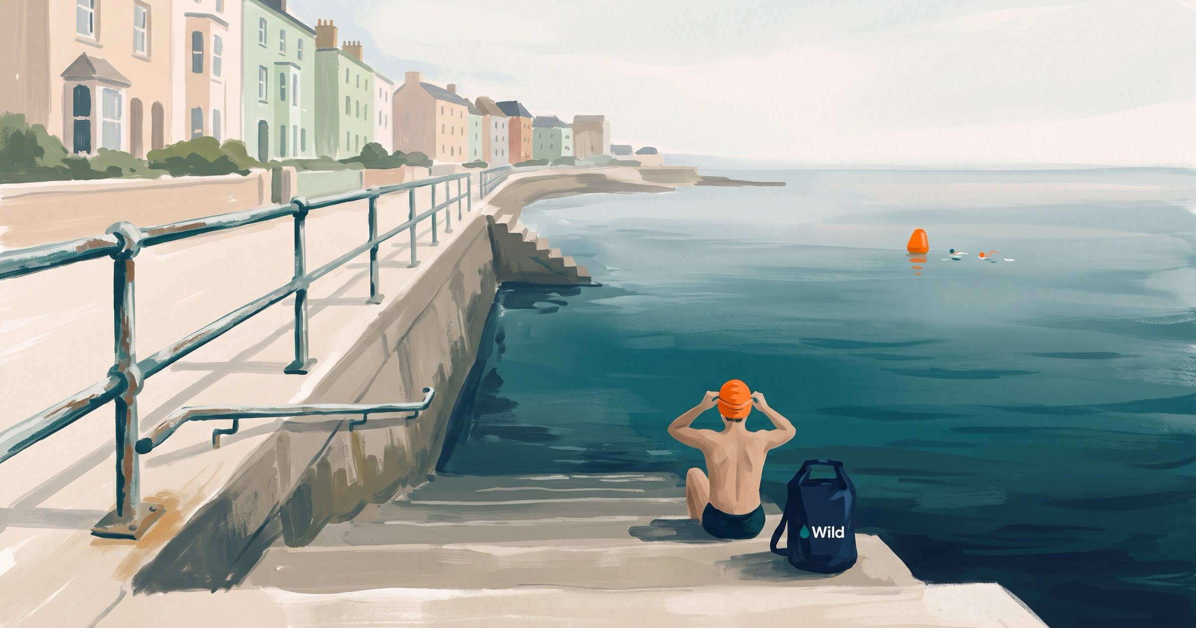 Illustration of sea swimmers at a promenade sea wall, one pulling on an orange cap on the steps and two swimming out to an orange buoy