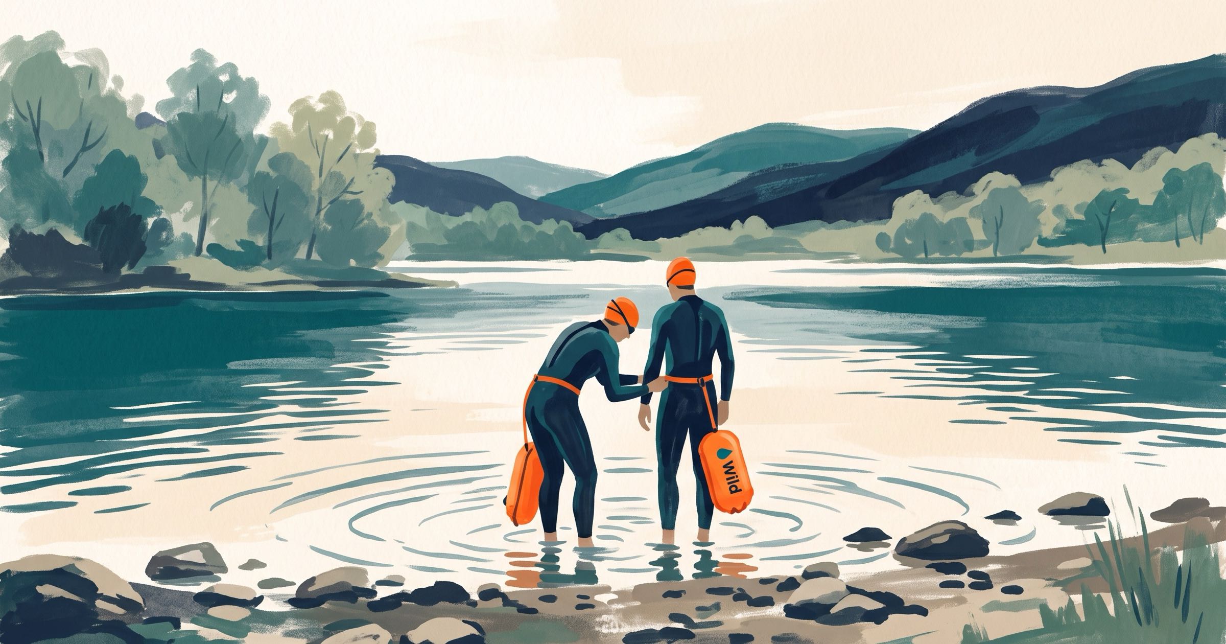 Illustration of two swimmers at a lake edge, one checking the leash on the other's orange tow float before getting in
